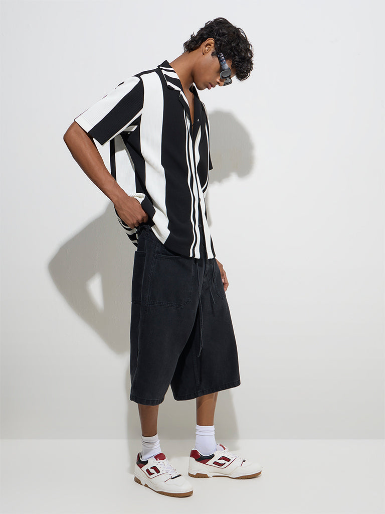 Westside Nuon Men's Black Stripe Printed Relaxed-Fit Shirt for Casual Wear Full Model View