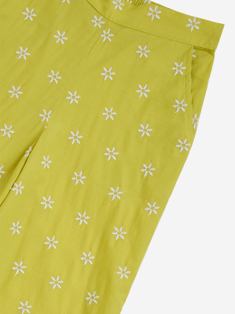 westisde Utsa Kids Girls' Lime Floral Design Cotton Ethnic Pants - (8-14yrs) for Ethnic Wear Zoom View