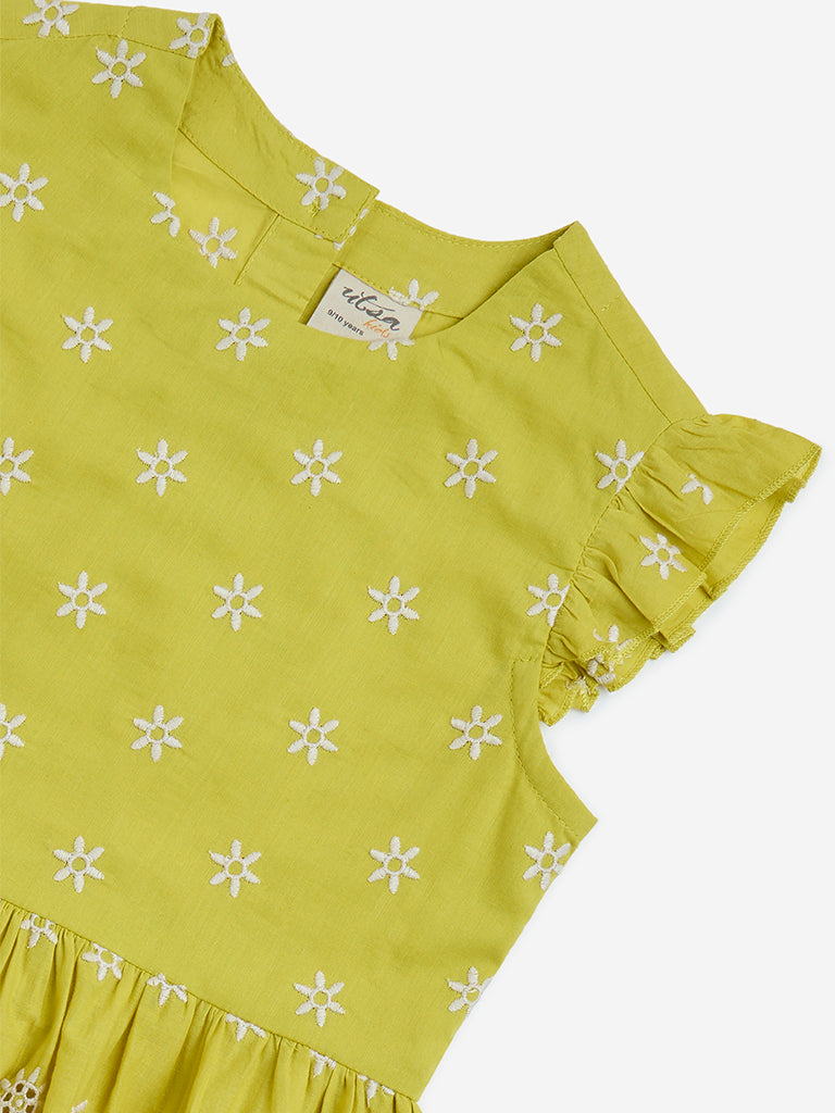 westisde Utsa Kids Girls' Lime Floral Pattern Cotton Peplum Top - (8-14yrs) for Ethnic Wear Zoom View