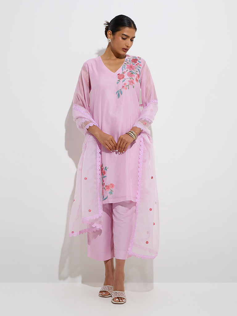 Vark Pink Cotton Straight Kurta, Ethnic Pants Dupatta Set