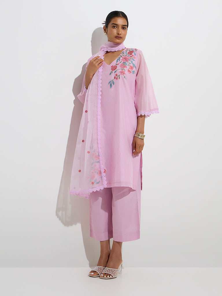 Vark Pink Cotton Straight Kurta, Ethnic Pants Dupatta Set