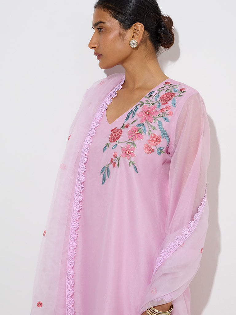 Vark Pink Cotton Straight Kurta, Ethnic Pants Dupatta Set