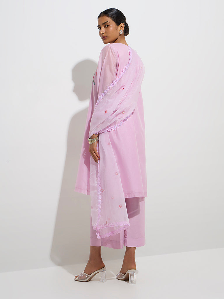 westisde Vark Women's Pink Cotton Straight Kurta, Ethnic Pants Dupatta Set for Festive Wear Back View