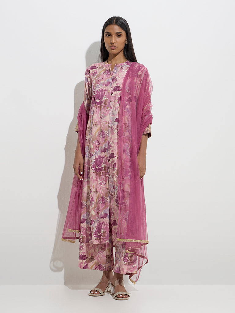 Vark Mauve Foliage A-Line Kurta, Palazzos and Dupatta Set