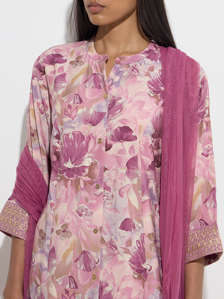 Vark Mauve Foliage A-Line Kurta, Palazzos and Dupatta Set