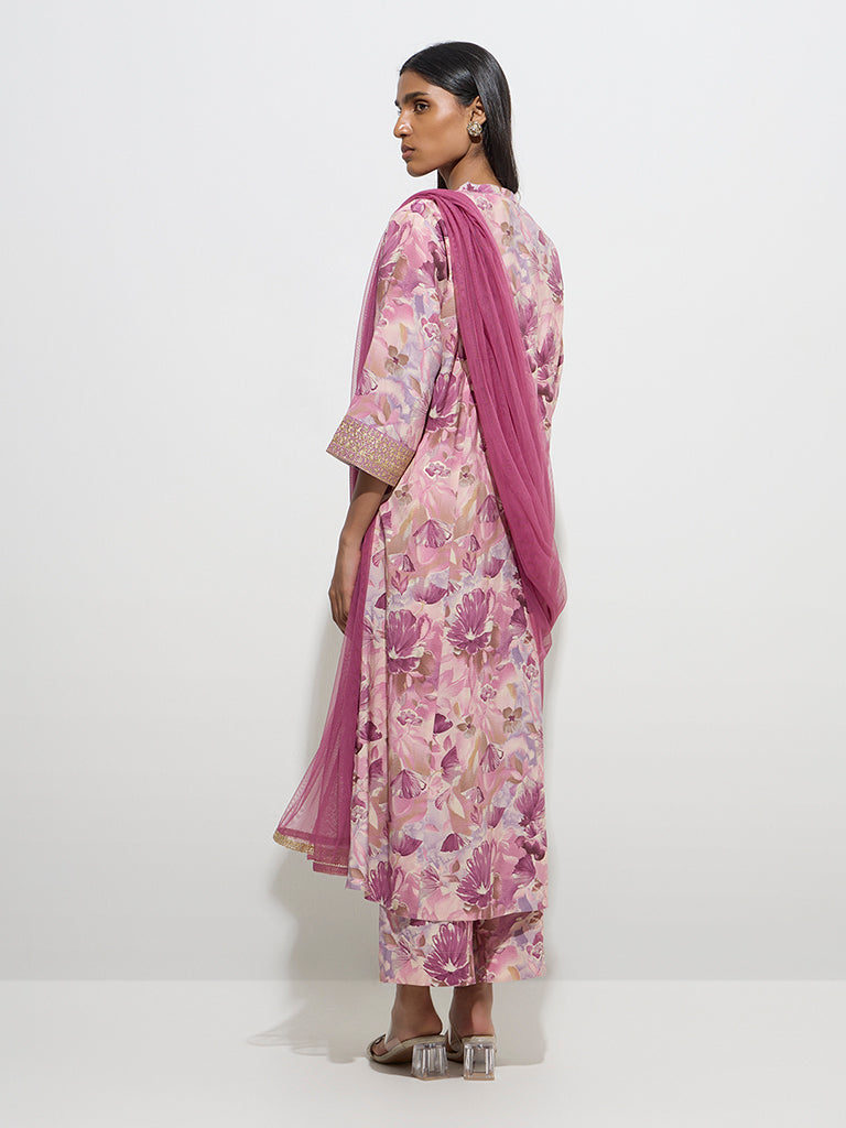 Vark Mauve Foliage A-Line Kurta, Palazzos and Dupatta Set