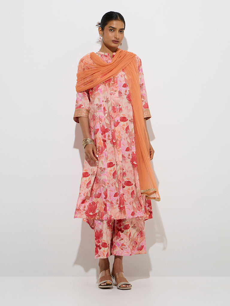 Vark Dark Peach Floral A-Line Kurta, Palazzos Dupatta Set