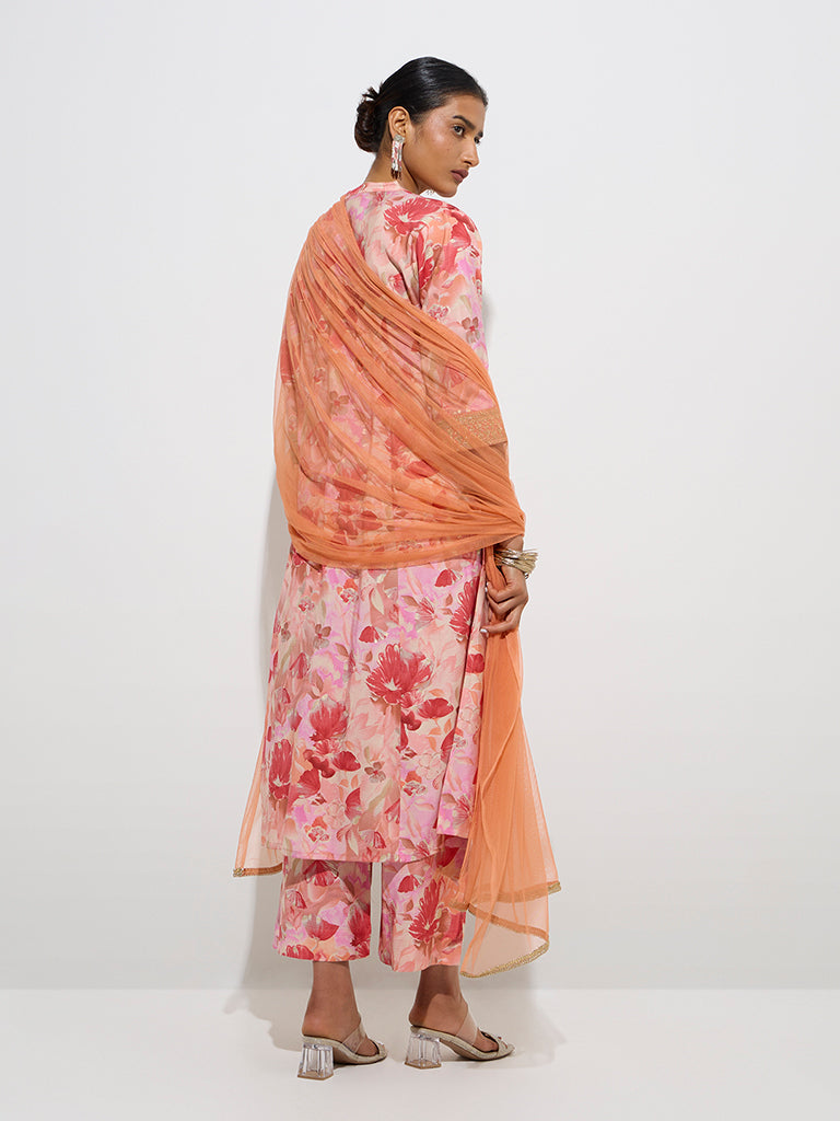 Vark Dark Peach Floral A-Line Kurta, Palazzos Dupatta Set