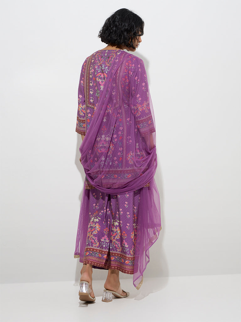 Westside Vark Women's Purple Floral Straight Kurti, Palazzos and Dupatta Set for Festive Wear Back View