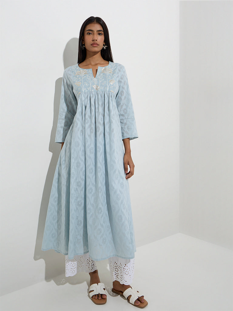 Utsa Blue Floral Embroidered A-Line Cotton-Blend Kurta