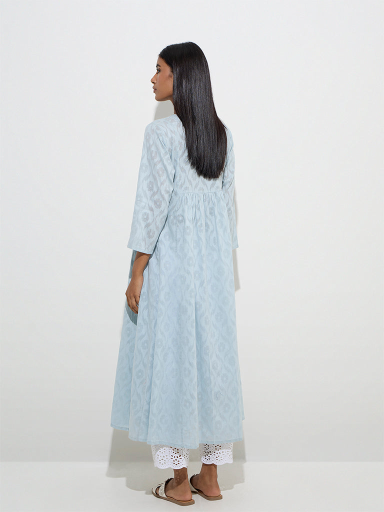 westisde Utsa Women's Blue Floral Embroidered A-Line Cotton-Blend Kurta for Work Wear Back View