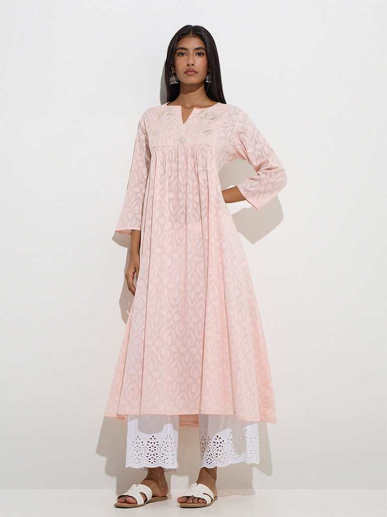 Utsa Light Pink Embroidered A-Line Cotton-Blend Kurta