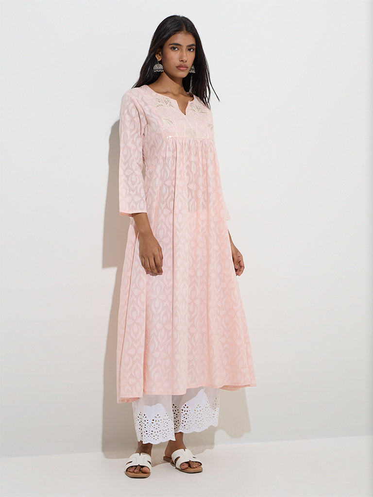 Utsa Light Pink Embroidered A-Line Cotton-Blend Kurta