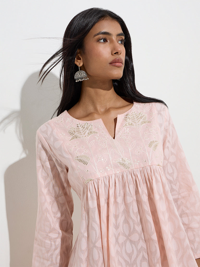 Utsa Light Pink Embroidered A-Line Cotton-Blend Kurta
