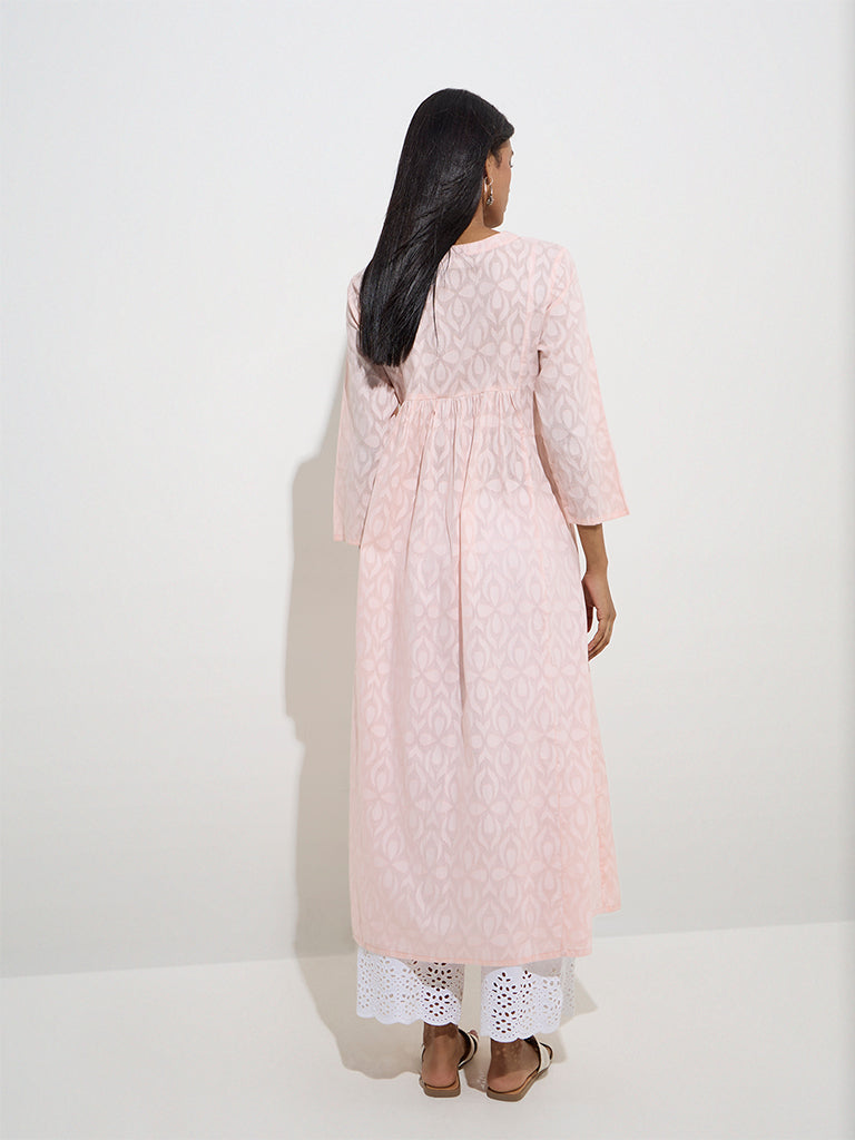 westisde Utsa Women's Light Pink Embroidered A-Line Cotton-Blend Kurta for Work Wear Back View