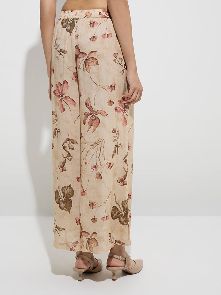 Westside Zuba Women's Beige Foliage Printed Palazzos for Work Wear Back View