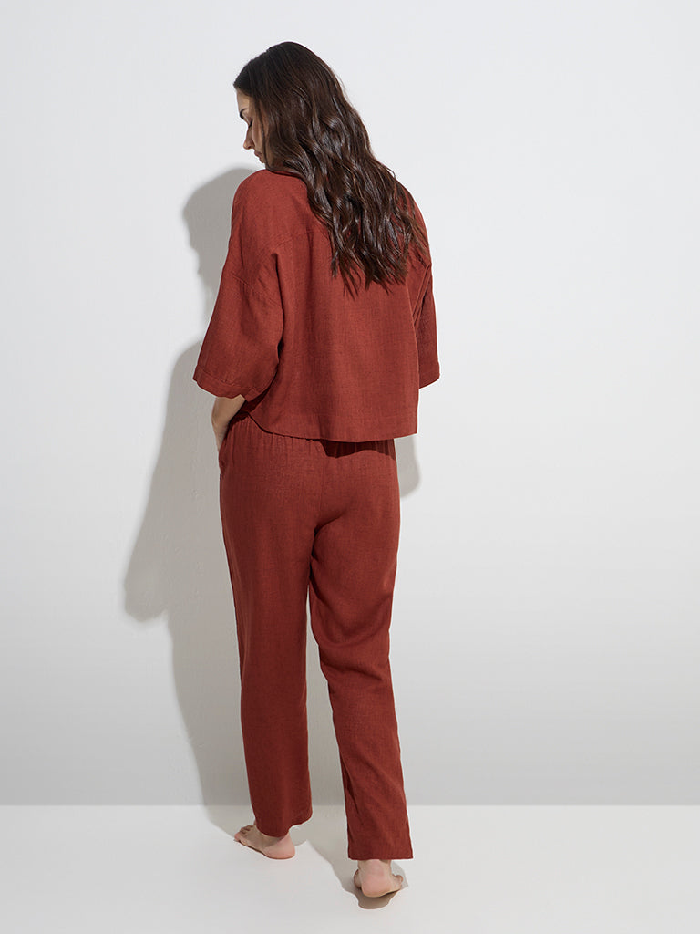 Westside Wunderlove Women's Dark Rust Shirt with Pyjamas Set for Casual Wear Back View