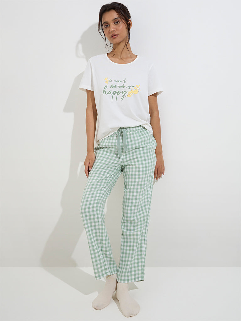 Wunderlove Light Green Checkered Pattern Cotton Pyjamas