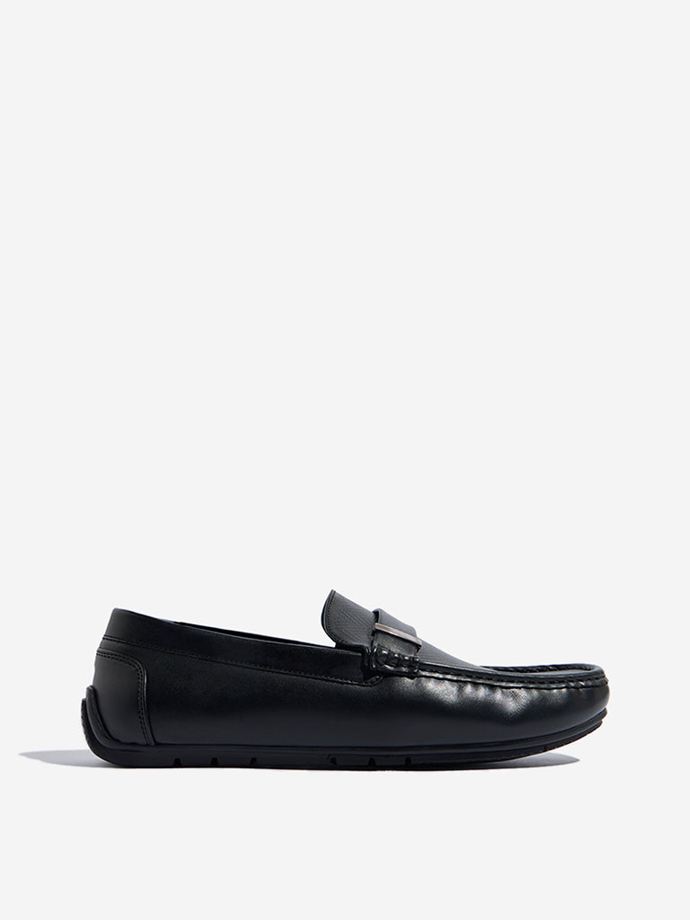 Westside SOLEPLAY Men's Black Hardware-Detailed Textured Loafers Side View