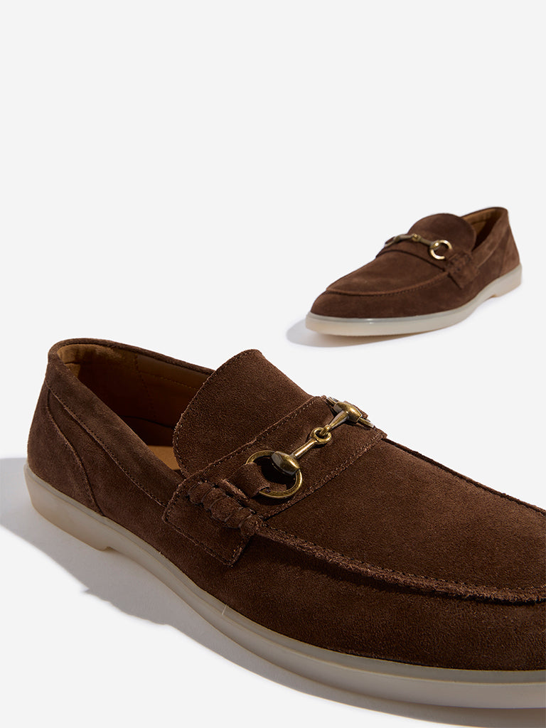 Westside SOLEPLAY Men's Brown Metal-Detailed Suede Leather Loafers for Casual Wear Zoomed View