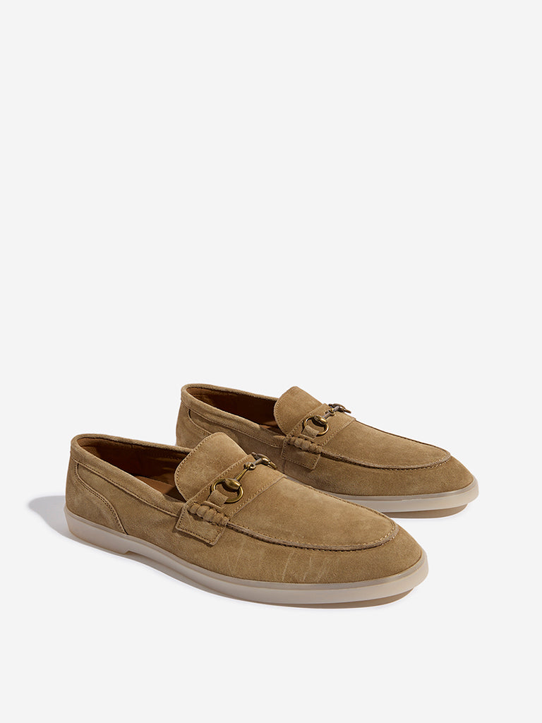 Westside SOLEPLAY Men's Taupe Metal-Detailed Suede Leather Loafers for Casual Wear Front View