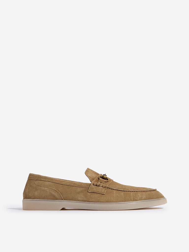 Westside SOLEPLAY Men's Taupe Metal-Detailed Suede Leather Loafers for Casual Wear Side View