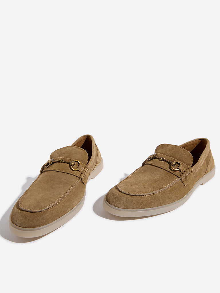 Westside SOLEPLAY Men's Taupe Metal-Detailed Suede Leather Loafers for Casual Wear Zoomed View