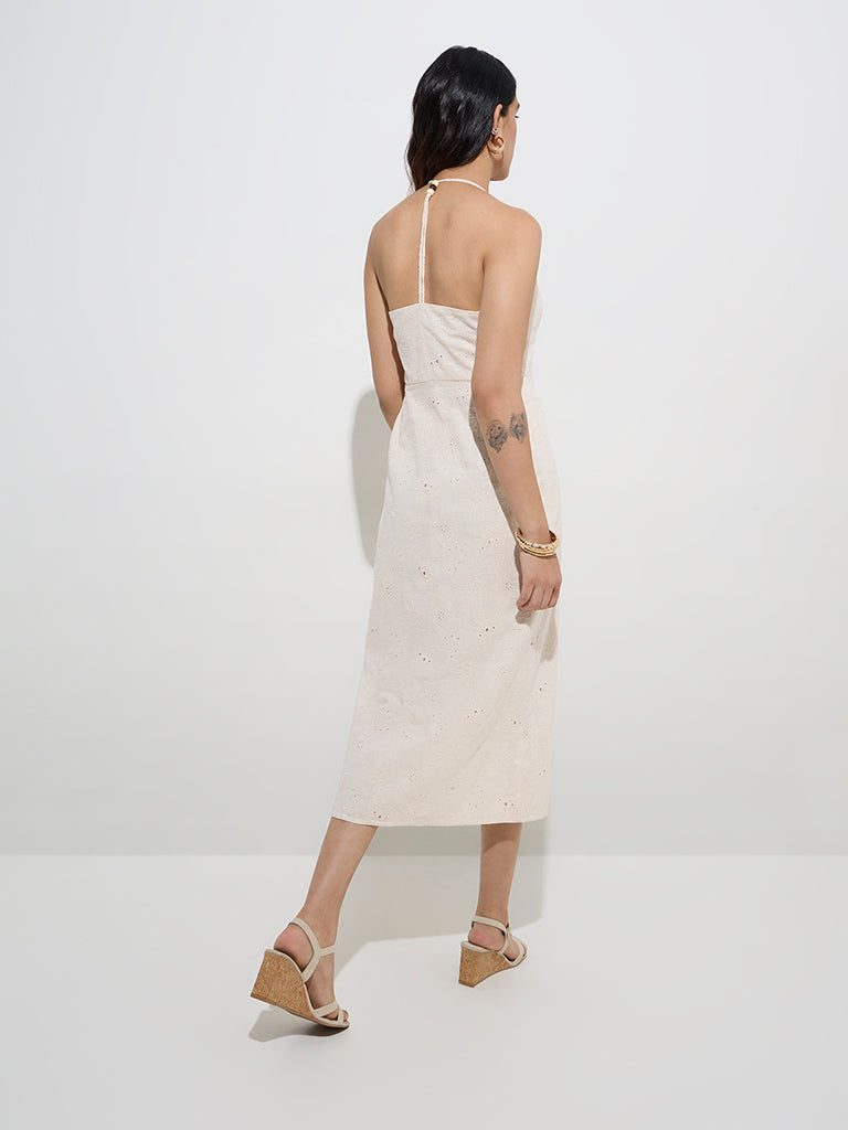 Westside LOV Women's Off-White Floral Embroidered Cotton Straight Dress for Casual Wear Back View