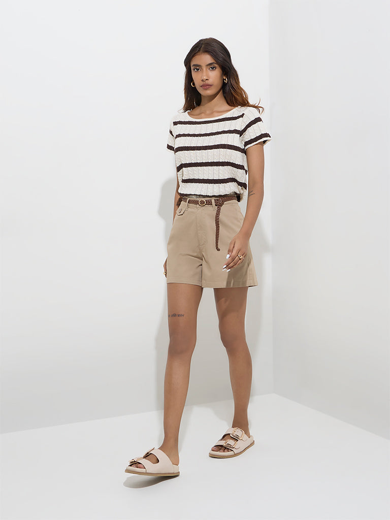 Westside LOV Women's Beige High-Rise Cotton-Blend Shorts with Belt for Casual Wear Front View