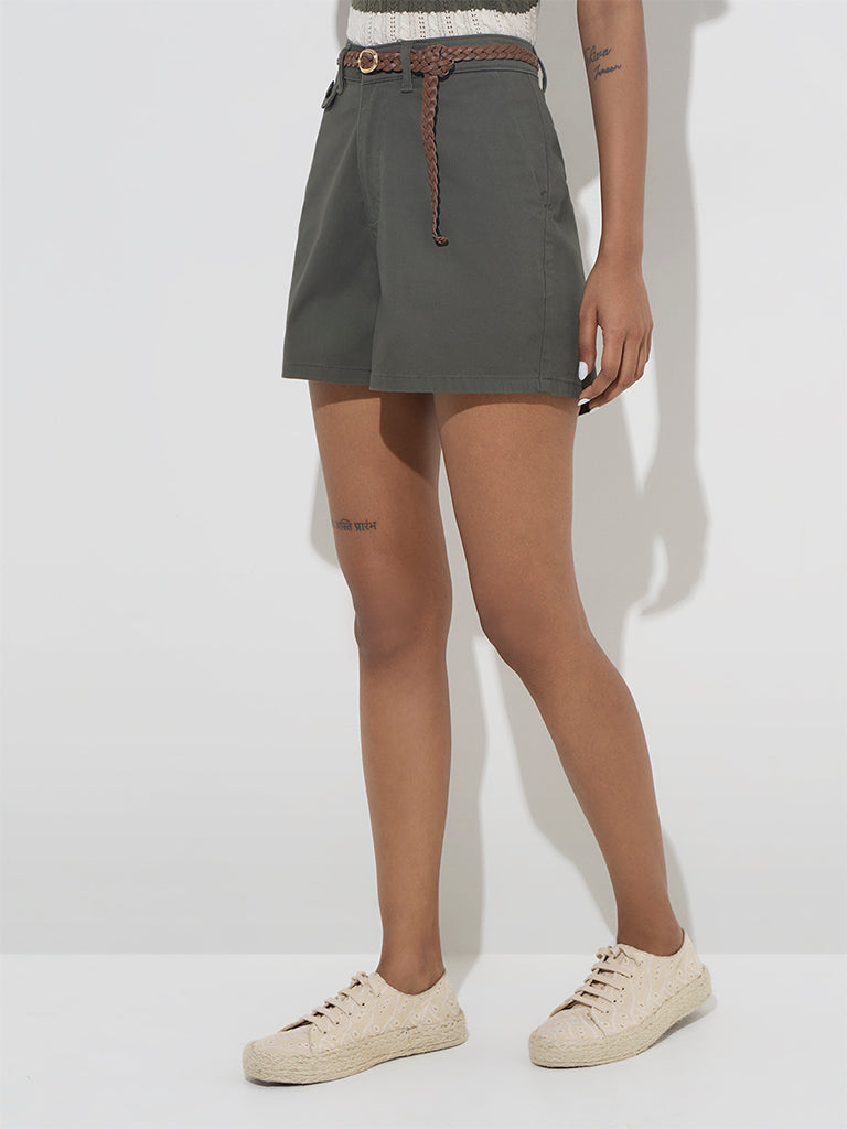LOV Olive High-Rise Cotton-Blend Shorts with Belt