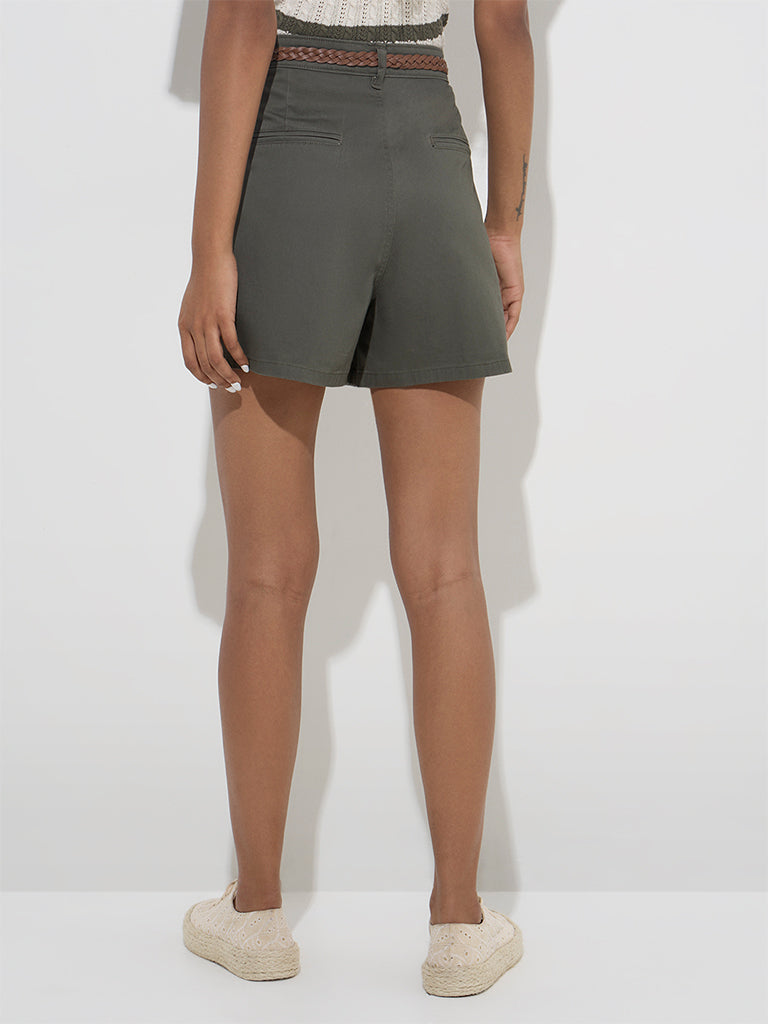 LOV Olive High-Rise Cotton-Blend Shorts with Belt