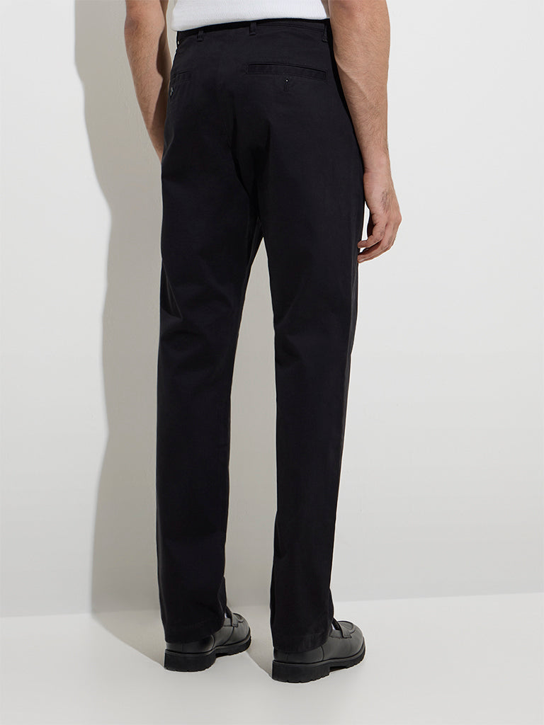 Westside Ascot Men's Black Relaxed-Fit Mid-Rise Cotton-Blend Chinos for Casual Wear Back View