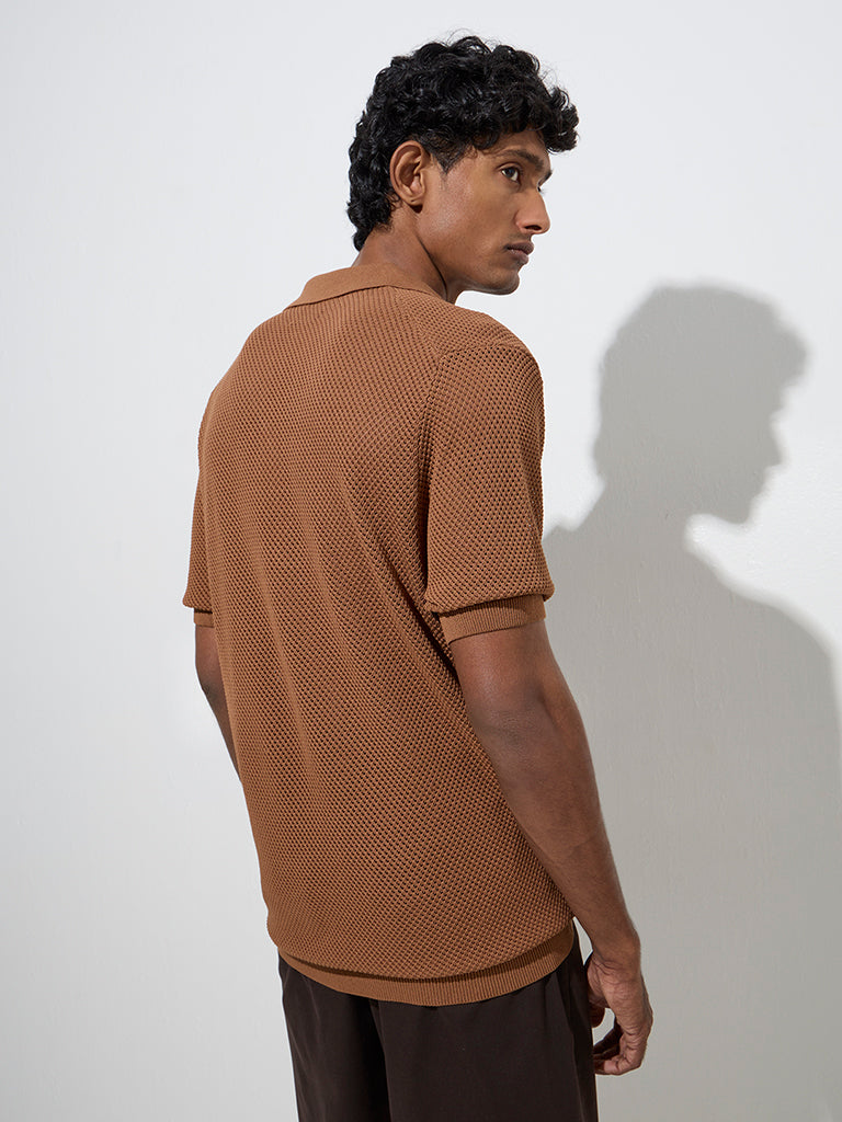 Westside Ascot Men's Brown Knit-Textured Relaxed-Fit T-Shirt for Casual Wear Back View