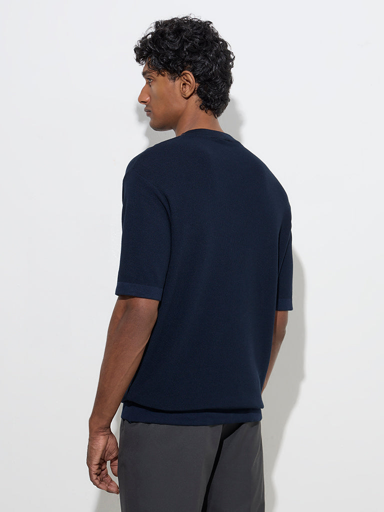 Westside WES Formals Men's Navy Solid Slim-Fit T-Shirt for Work Wear Back View