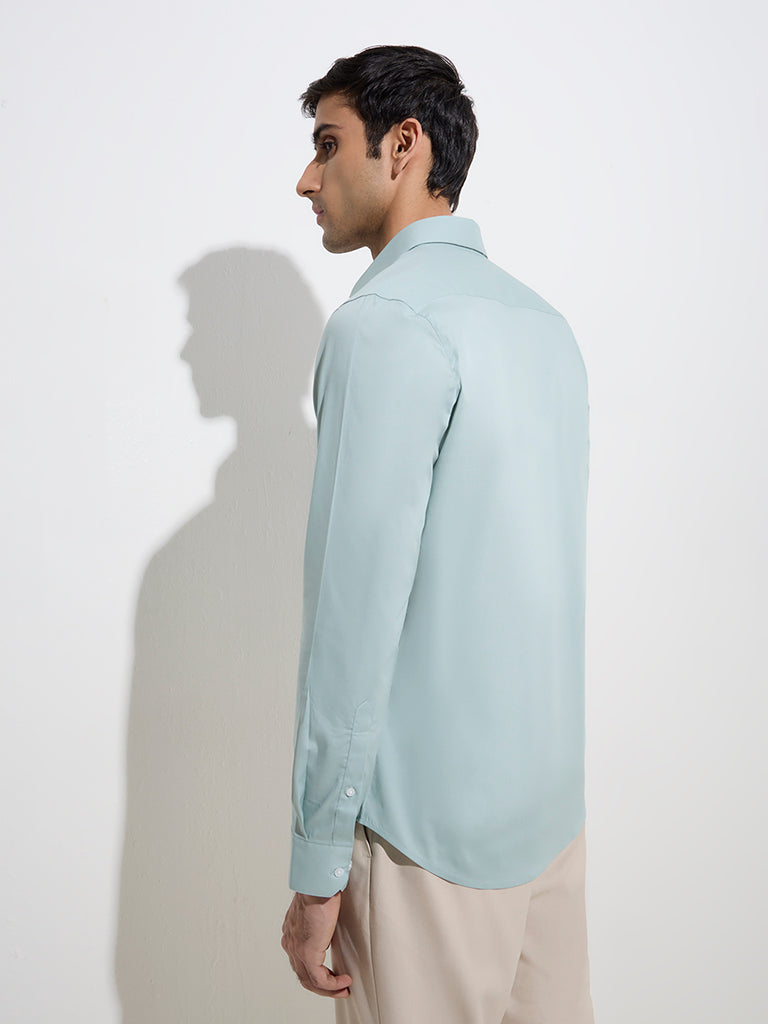 Westside WES Formals Men's Light Teal Ultra Slim-Fit Cotton-Blend Shirt for Work Wear Back View