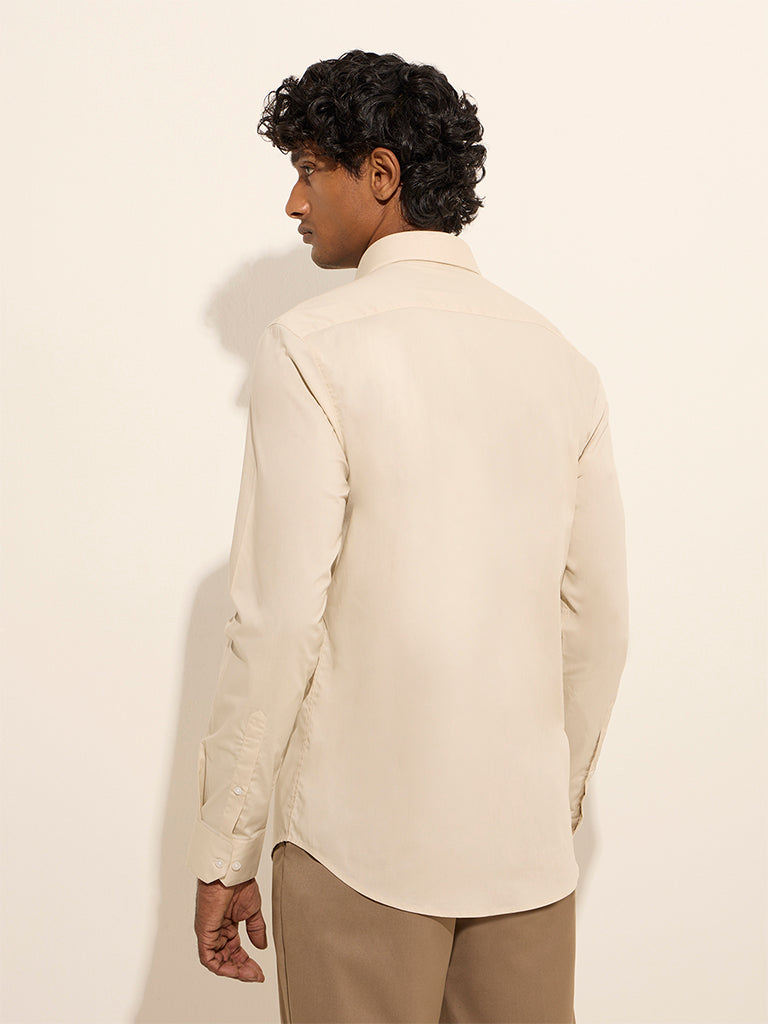 Westside WES Formals Men's Beige Ultra-Slim Fit Cotton-Blend Shirt for Work Wear Back View