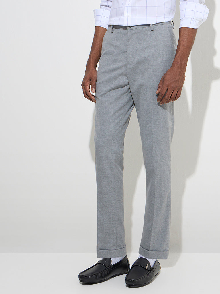 WES Formals Grey Relaxed-Fit Mid-Rise Trousers