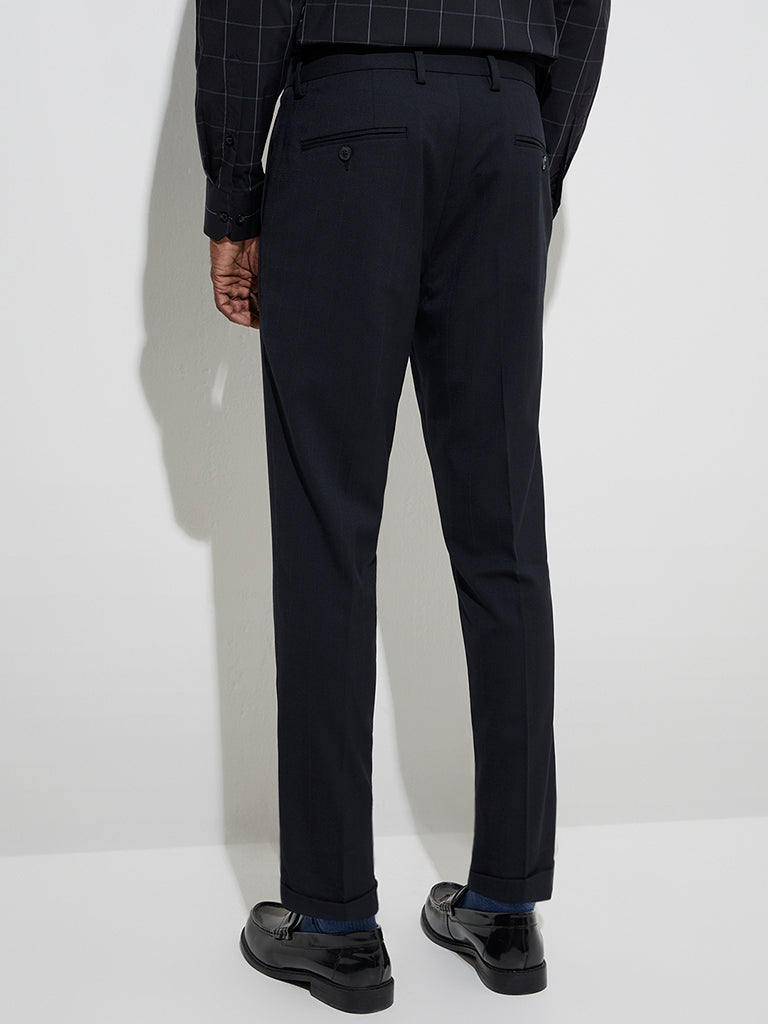 Westside WES Formals Men's Navy Relaxed-Fit Mid-Rise Trousers for Work Wear Back View