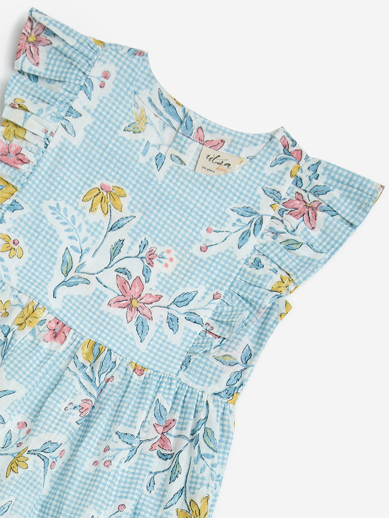 Westside Utsa Kids Blue Floral Printed Cotton A-Line Dress - (2-8yrs) for Ethnic Wear Zoomed View
