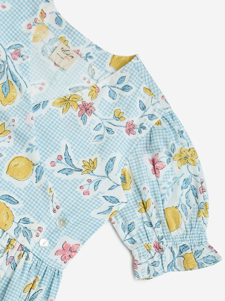 Westside Utsa Kids Blue Fruits Printed Cotton A-Line Dress - (8-14yrs) for Ethnic Wear Zoomed View