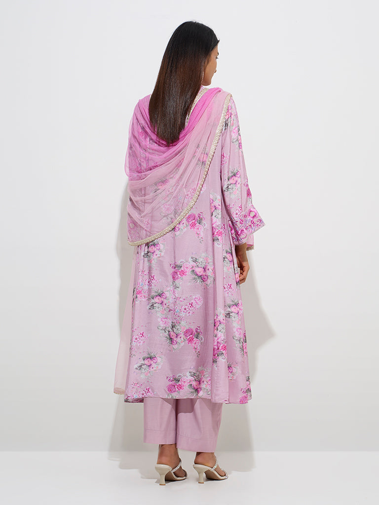 Westside Vark Women's Lilac Floral A-Line Kurta, Palazzos and Dupatta Set for Festive Wear Back View