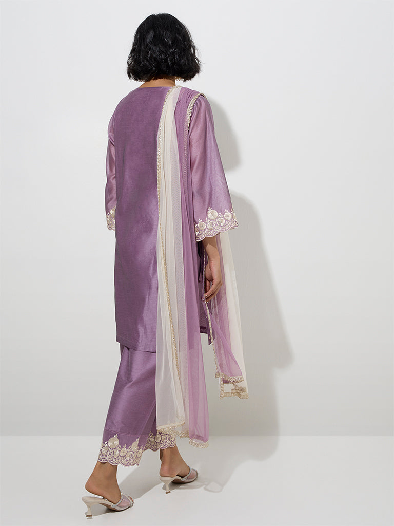 Westside Vark Women's Dark Mauve Floral A-Line Kurti, Pants and Dupatta Set for Festive Wear Back View