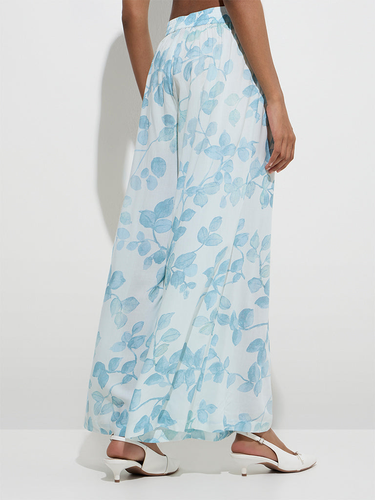 Westside Zuba Women's Blue Botanical Printed Palazzos for Work Wear Back View