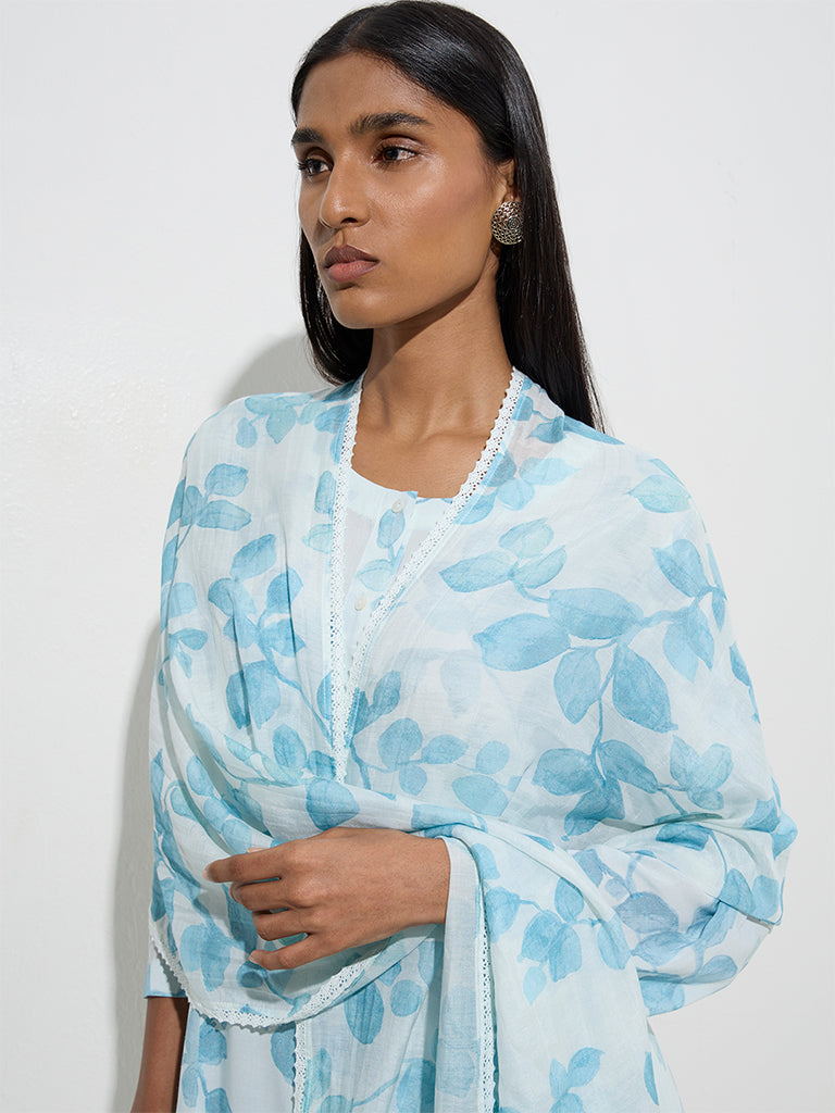 Westside Zuba Women's Blue Botanical Design Stole for Work Wear Front View