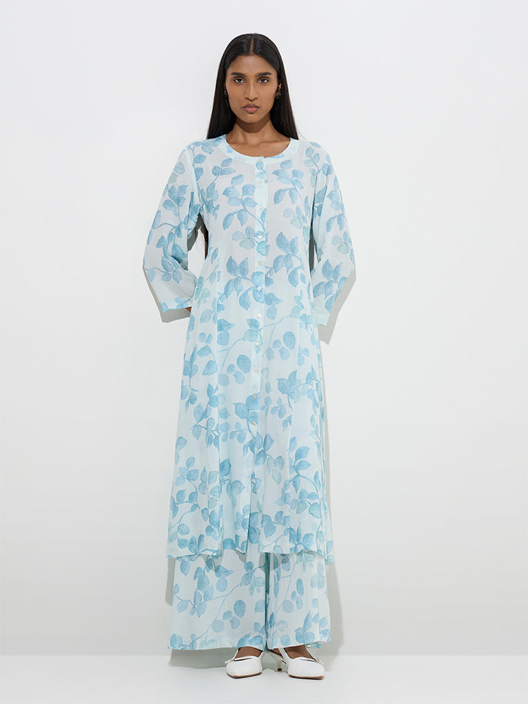 Zuba Blue Botanical Design A-Line Kurta