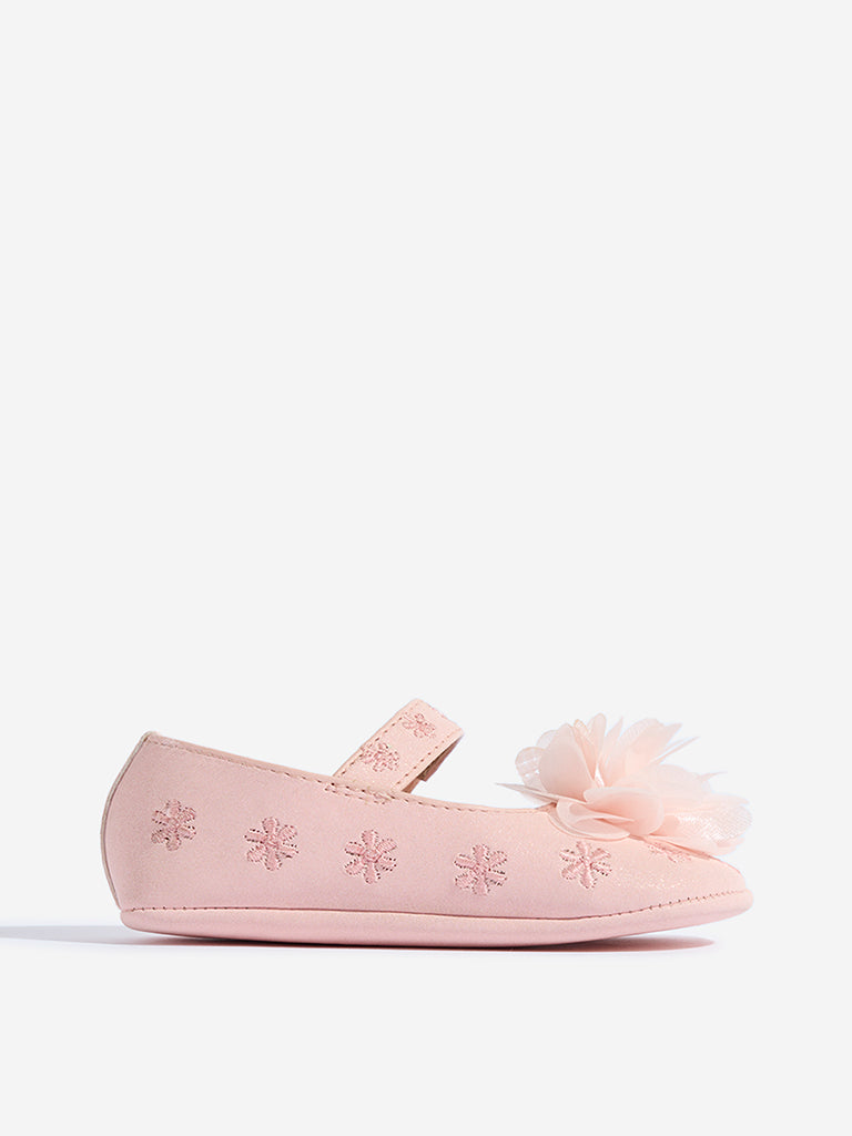 Westside Yellow Kids Pink Floral Applique Detailed Mary Jane Shoes for Casual Wear Side View