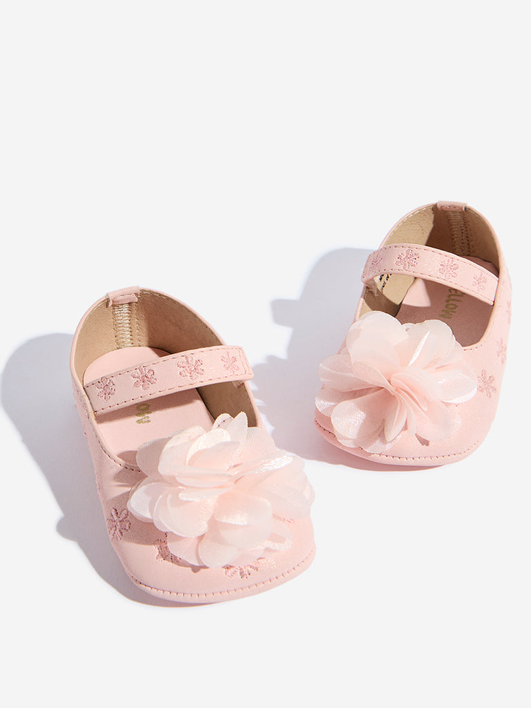Westside Yellow Kids Pink Floral Applique Detailed Mary Jane Shoes for Casual Wear Zoomed View