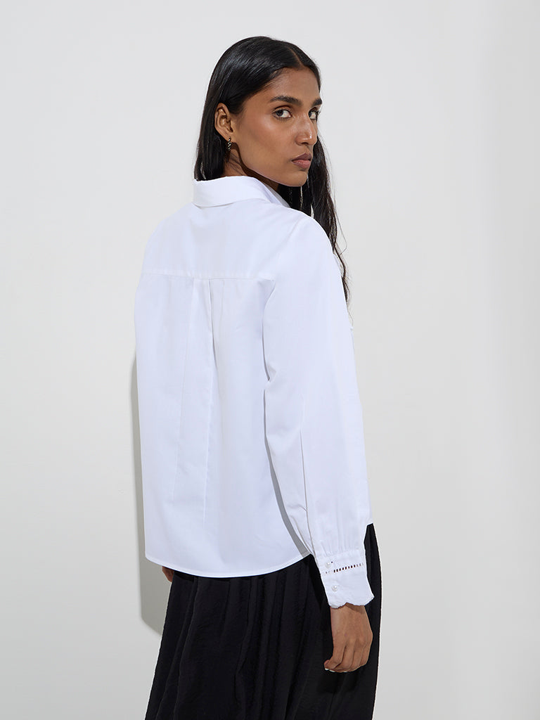 Westside Wardrobe Women's White Scallop-Detailed Cotton Shirt for Work Wear Back View