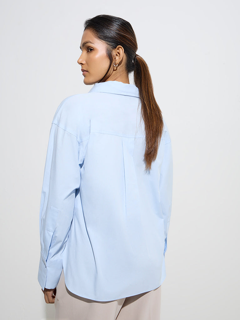 Westside Wardrobe Women's Light Blue Cotton Blouse with Tie for Work Wear Back View
