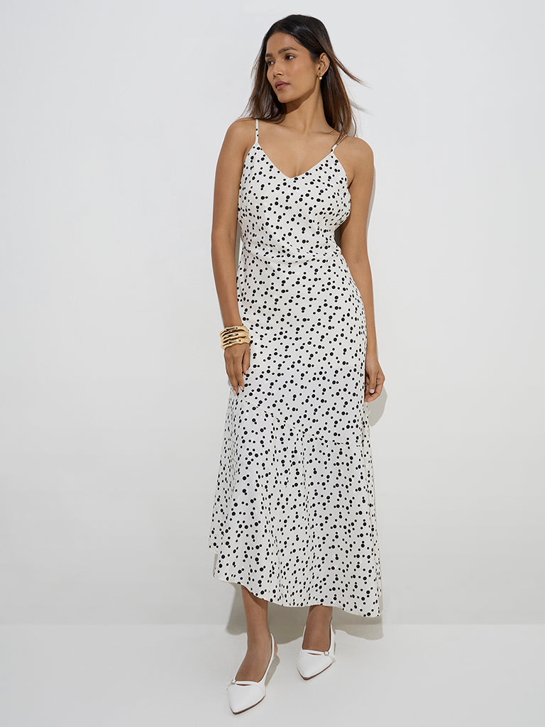 Westside Wardrobe Women's Ivory Polka Dotted A-Line Dress for Work Wear Front View